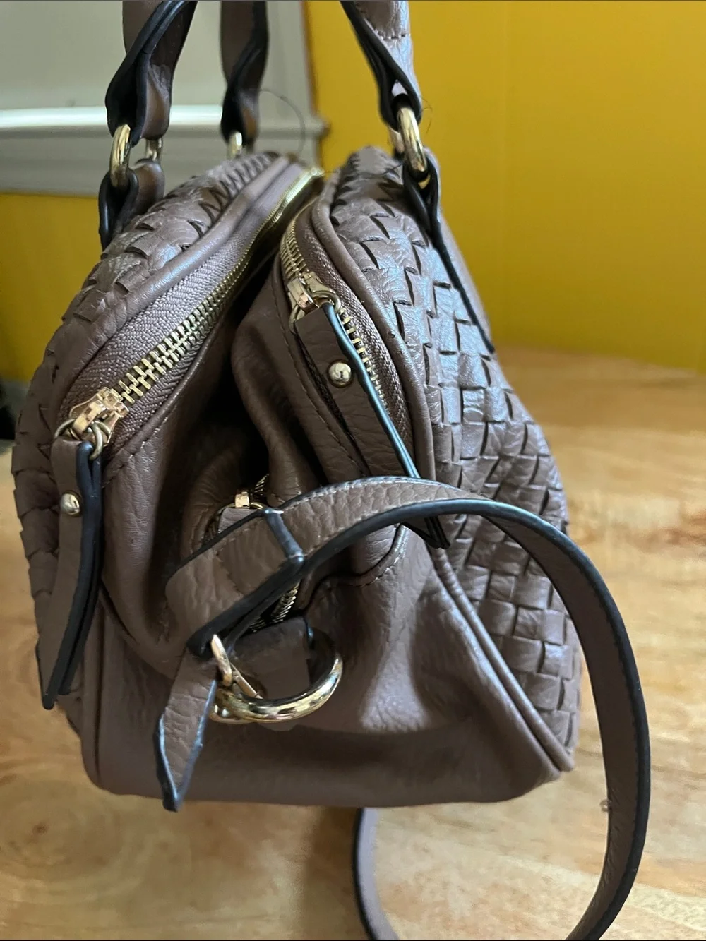 Woven Leather Satchel in Taupe